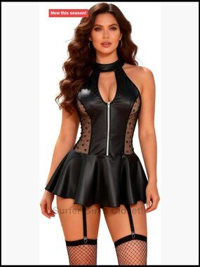 Faux Leather Lingerie Set Women Sexy Backless PU Dress Halter Babydoll